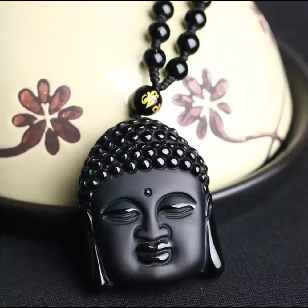 Bodhisattva carved obsidian necklace